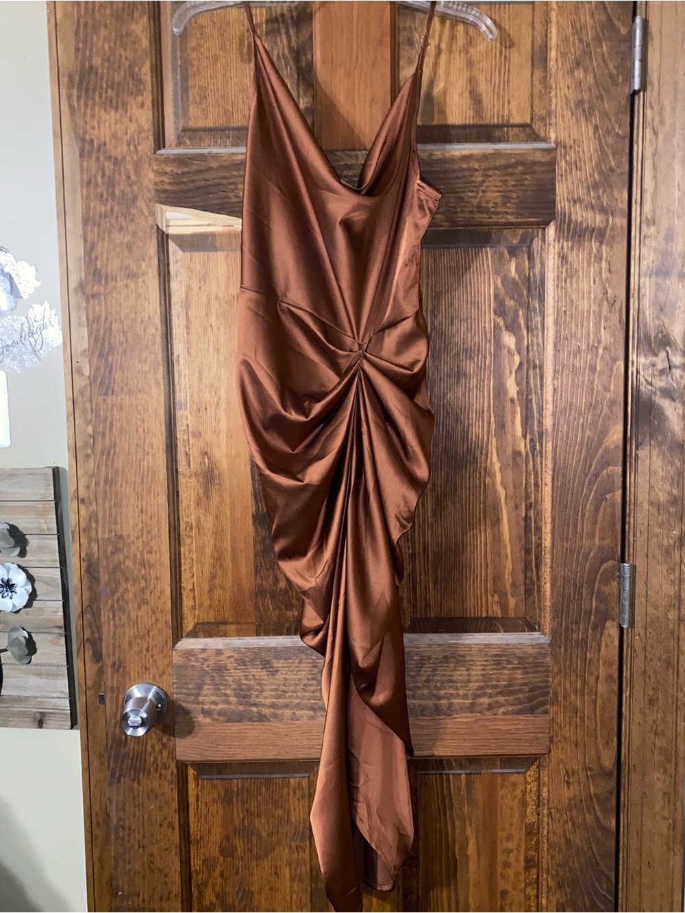 PrettyLittleThing Copper Brown Satin Asymmetrical Draped Slip Dress